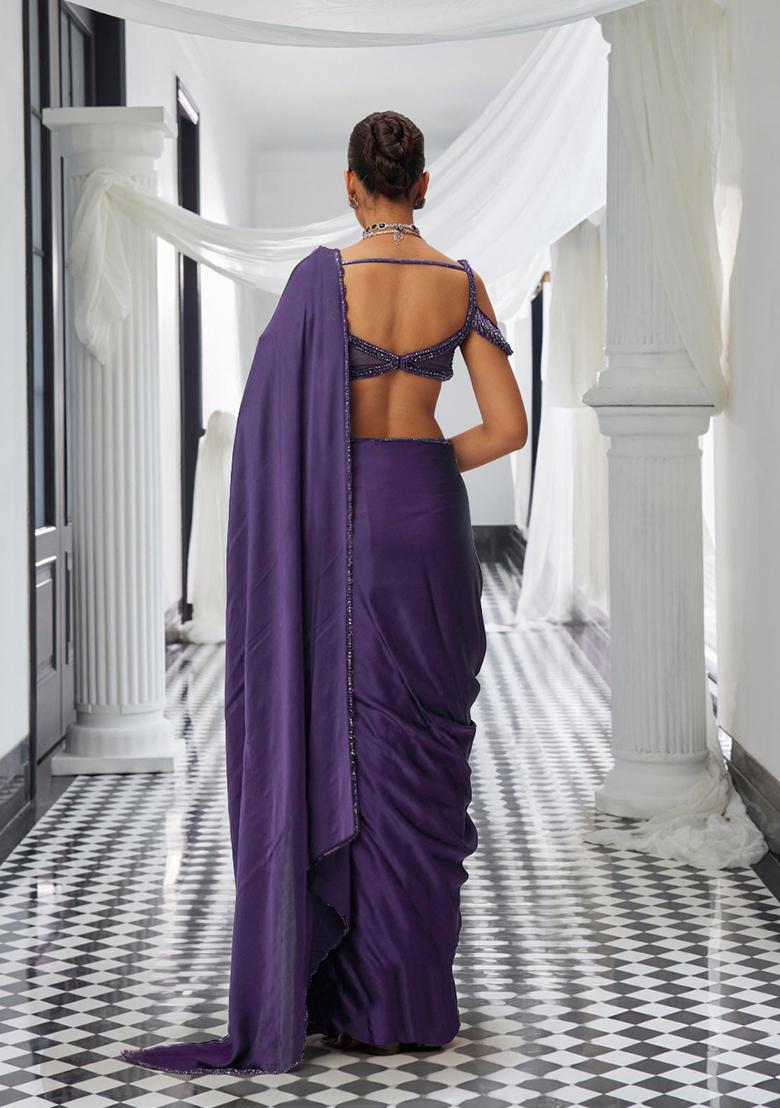 Purple Pre-Stitched Saree Set With Hand Embroidered Blouse