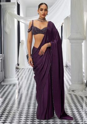 Purple Pre-Stitched Saree Set With Hand Embroidered Blouse