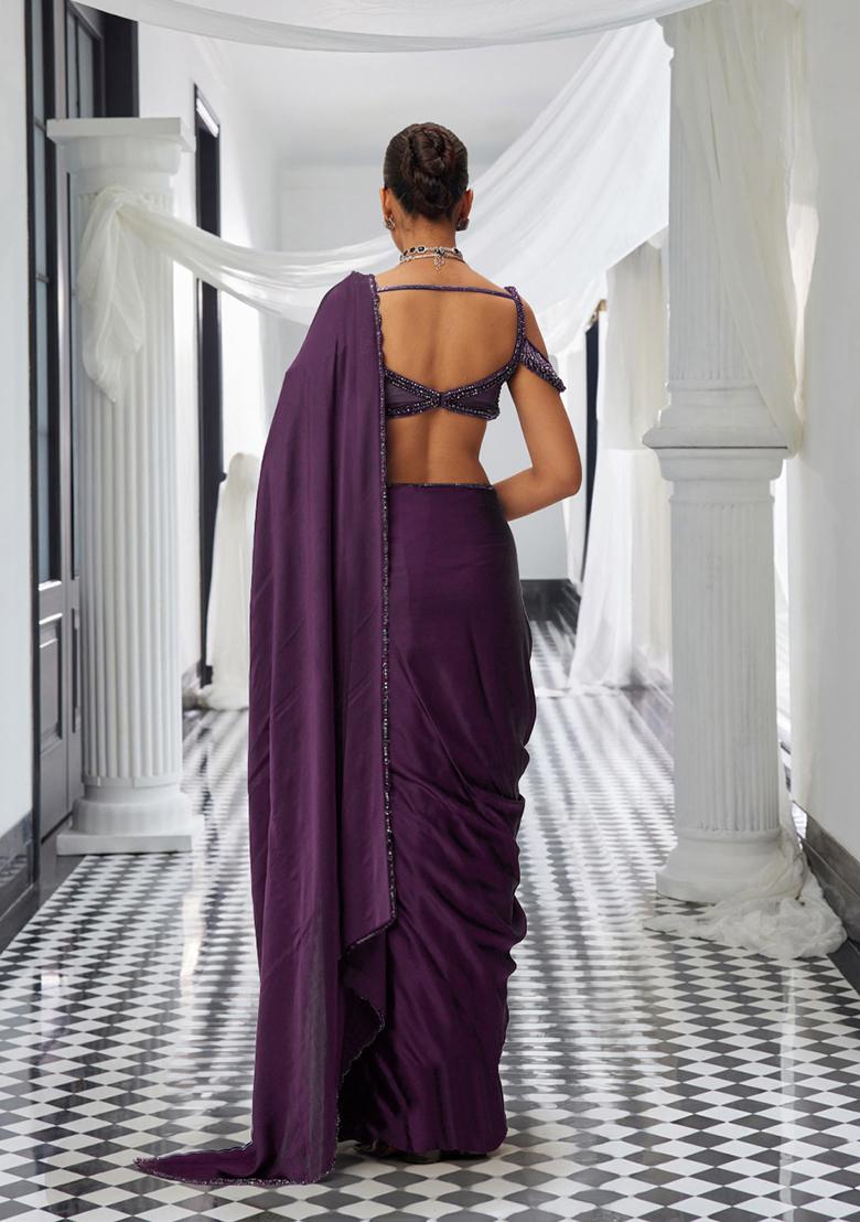 Purple Pre-Stitched Saree Set With Hand Embroidered Blouse