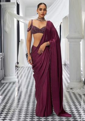 Maroon Pre-Stitched Saree Set With Hand Embroidered Blouse