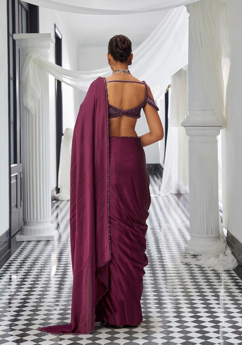 Maroon Pre-Stitched Saree Set With Hand Embroidered Blouse