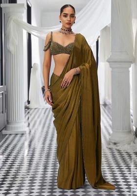 Gold Pre-Stitched Saree Set With Hand Embroidered Blouse