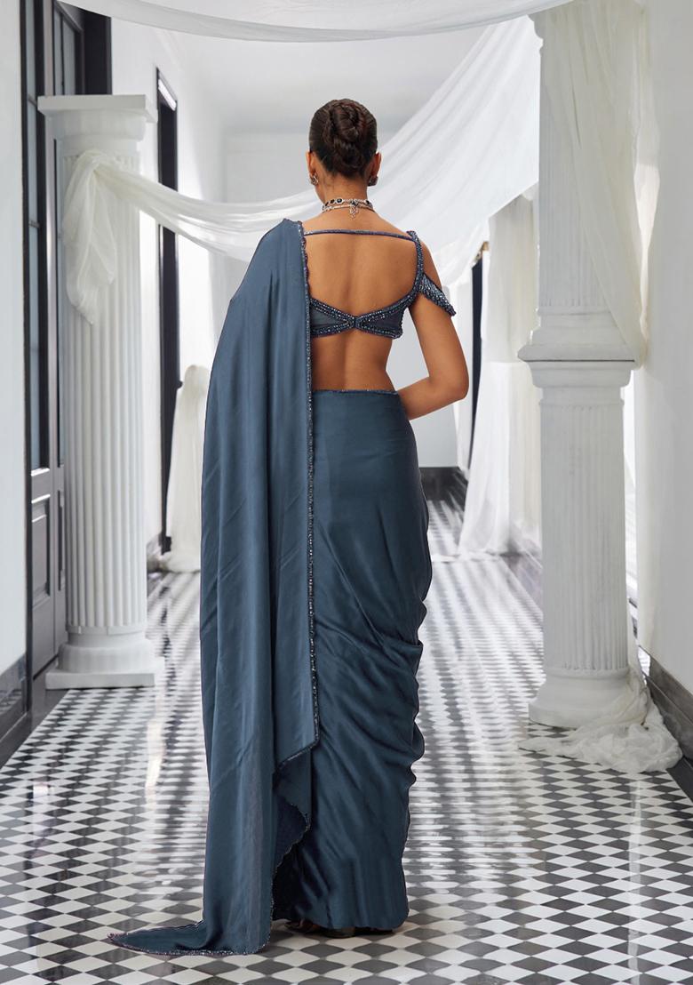 Blue Pre-Stitched Saree Set With Hand Embroidered Blouse