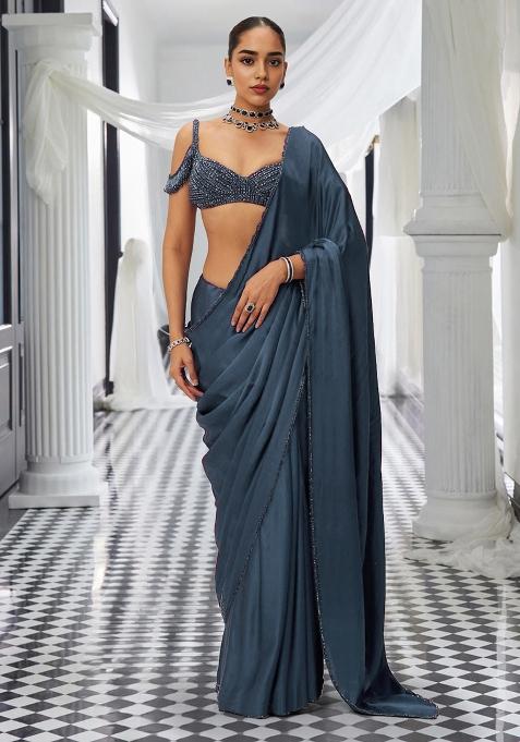 Blue Pre-Stitched Saree Set With Hand Embroidered Blouse