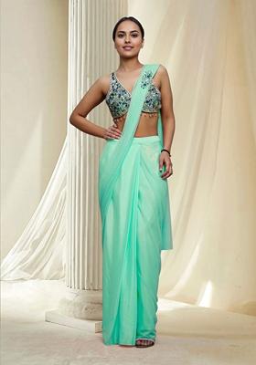 Sea Green Hand Embroidered Pre-Stitched Saree Set With Blouse