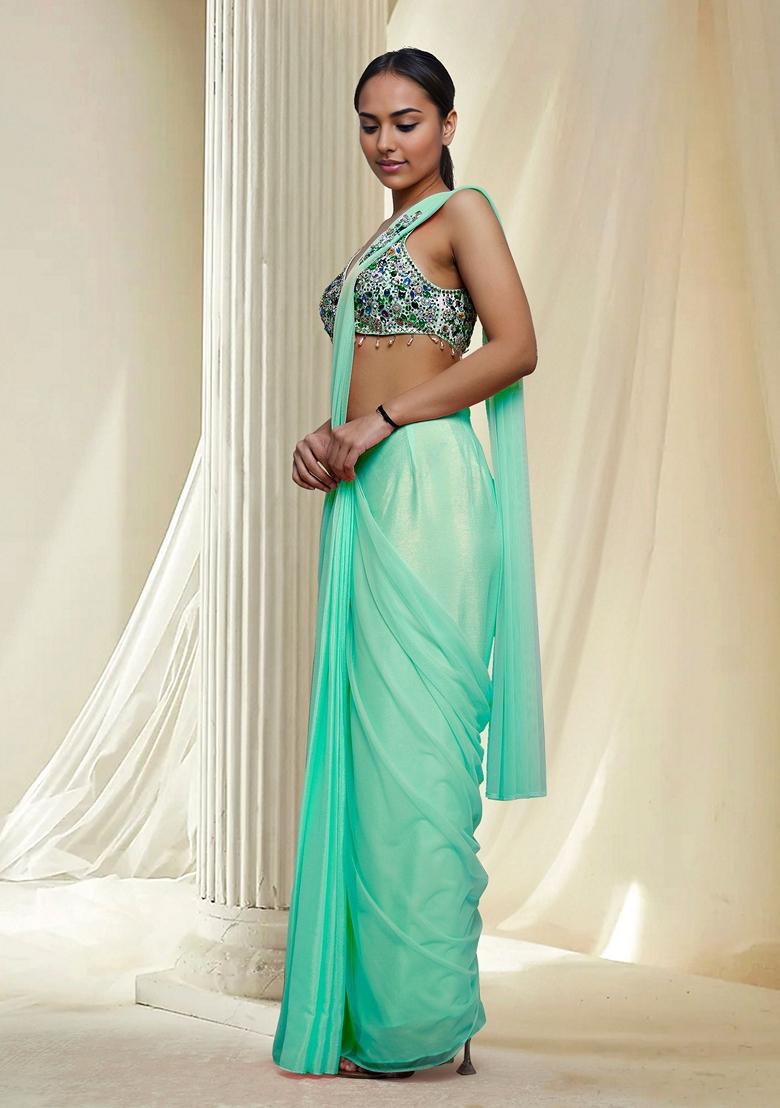 Sea Green Hand Embroidered Pre-Stitched Saree Set With Blouse