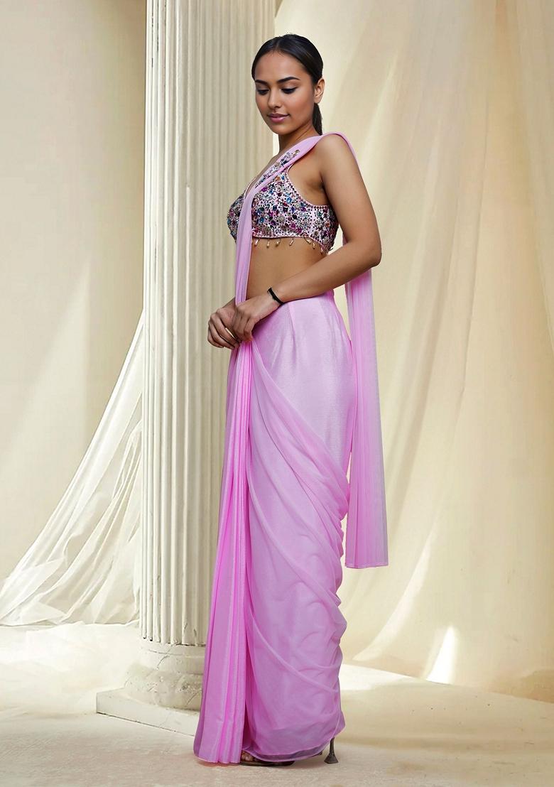 Pink Hand Embroidered Pre-Stitched Saree Set With Blouse