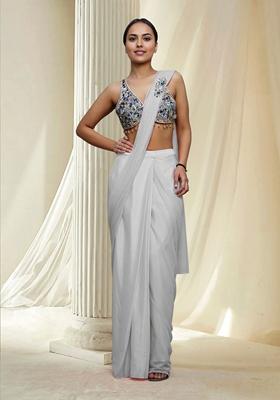 Grey Hand Embroidered Pre-Stitched Saree Set With Blouse