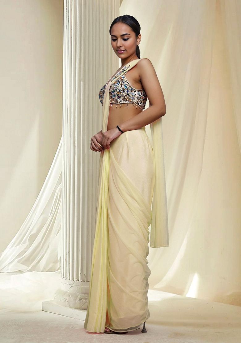 Beige Hand Embroidered Pre-Stitched Saree Set With Blouse