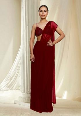 Red Hand Embroidered Pre-Stitched Saree Set With Blouse