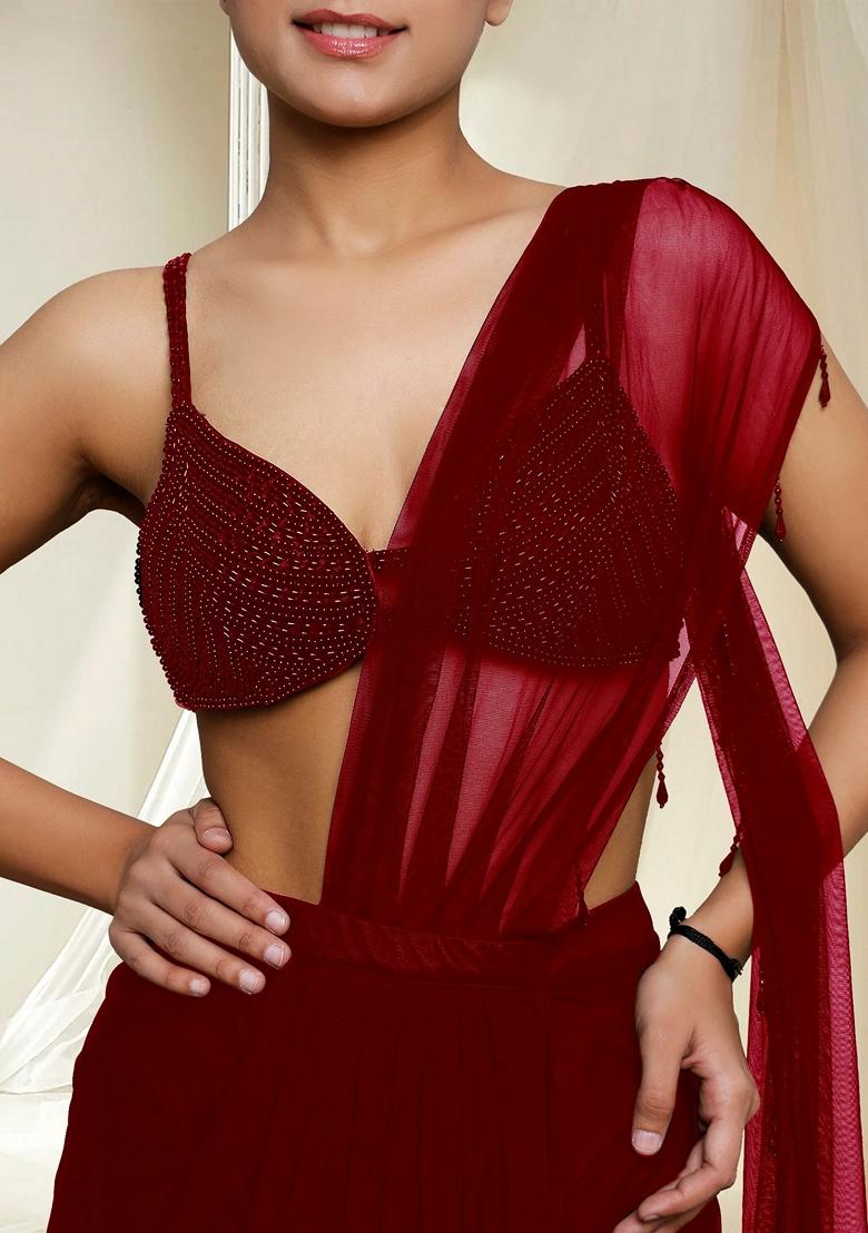 Red Hand Embroidered Pre-Stitched Saree Set With Blouse