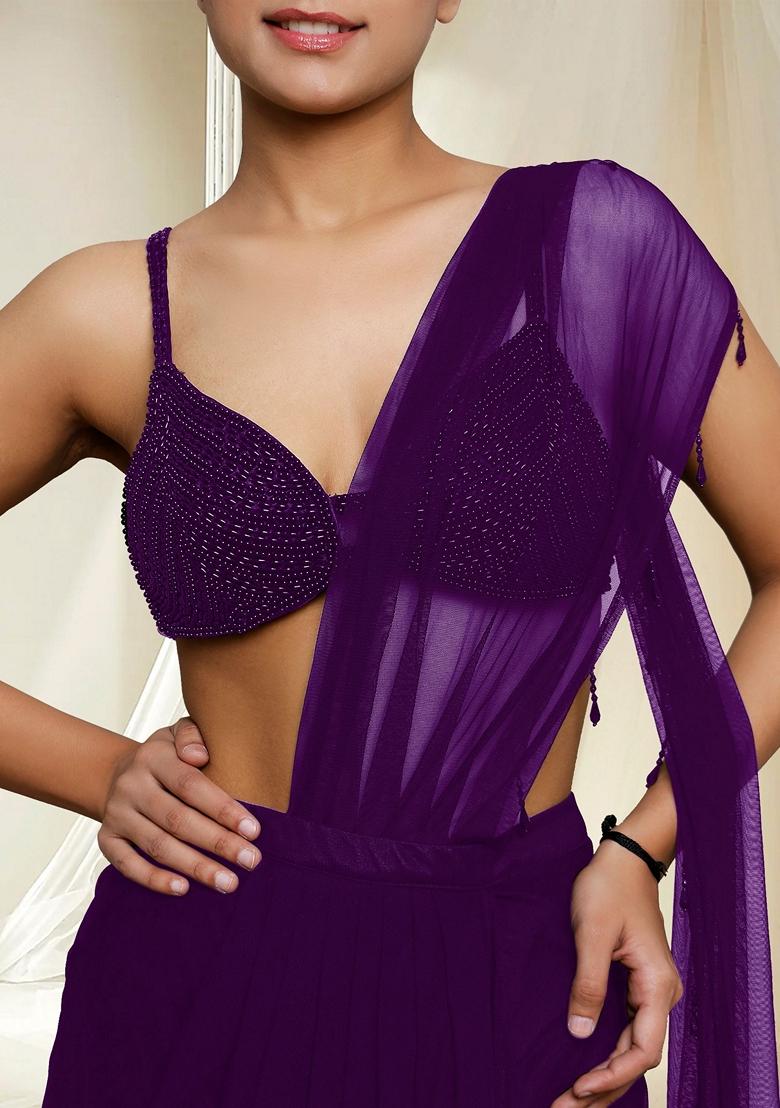 Purple Hand Embroidered Pre-Stitched Saree Set With Blouse