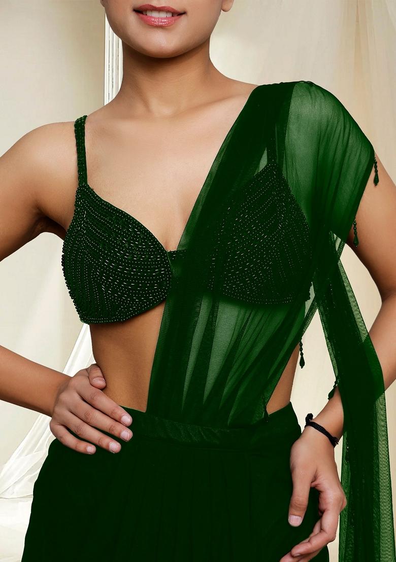 Green Hand Embroidered Pre-Stitched Saree Set With Blouse