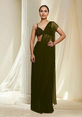 Olive Green Hand Embroidered Pre-Stitched Saree Set With Blouse