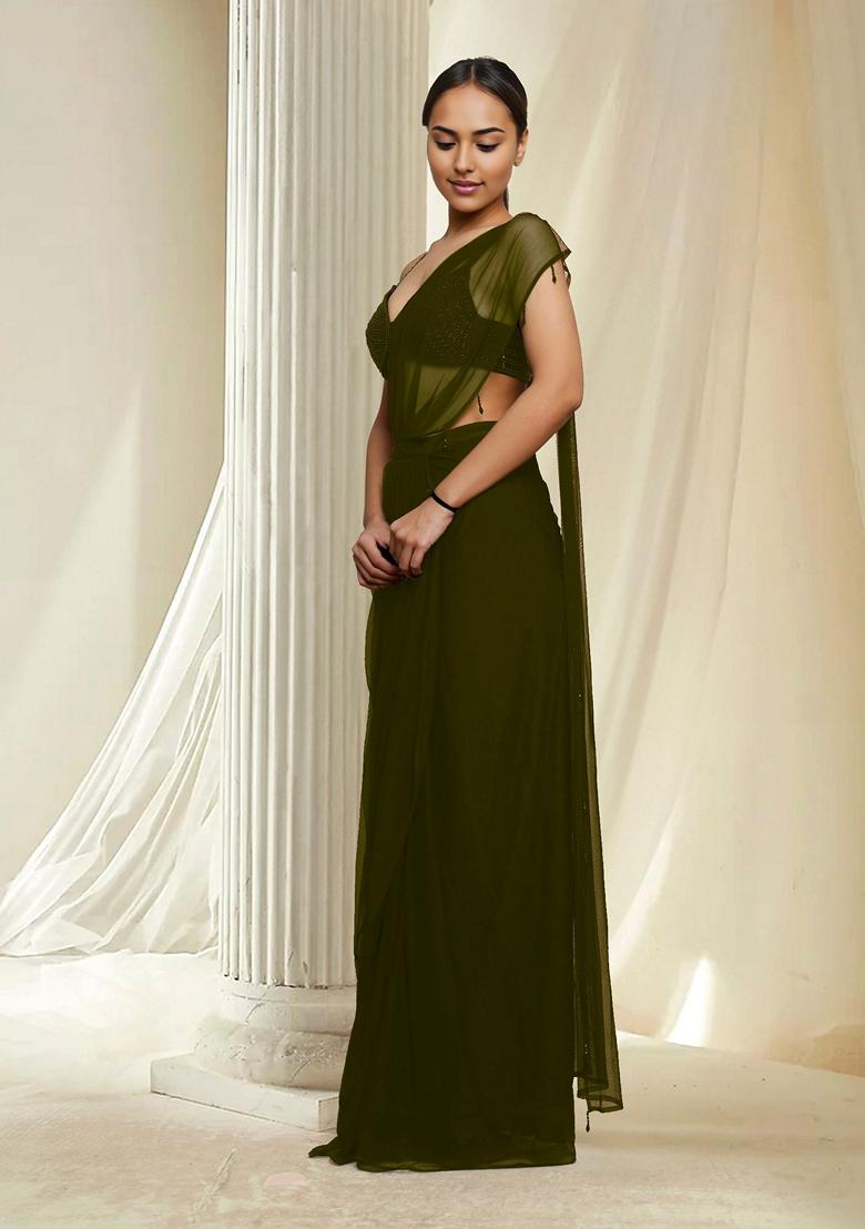 Olive Green Hand Embroidered Pre-Stitched Saree Set With Blouse