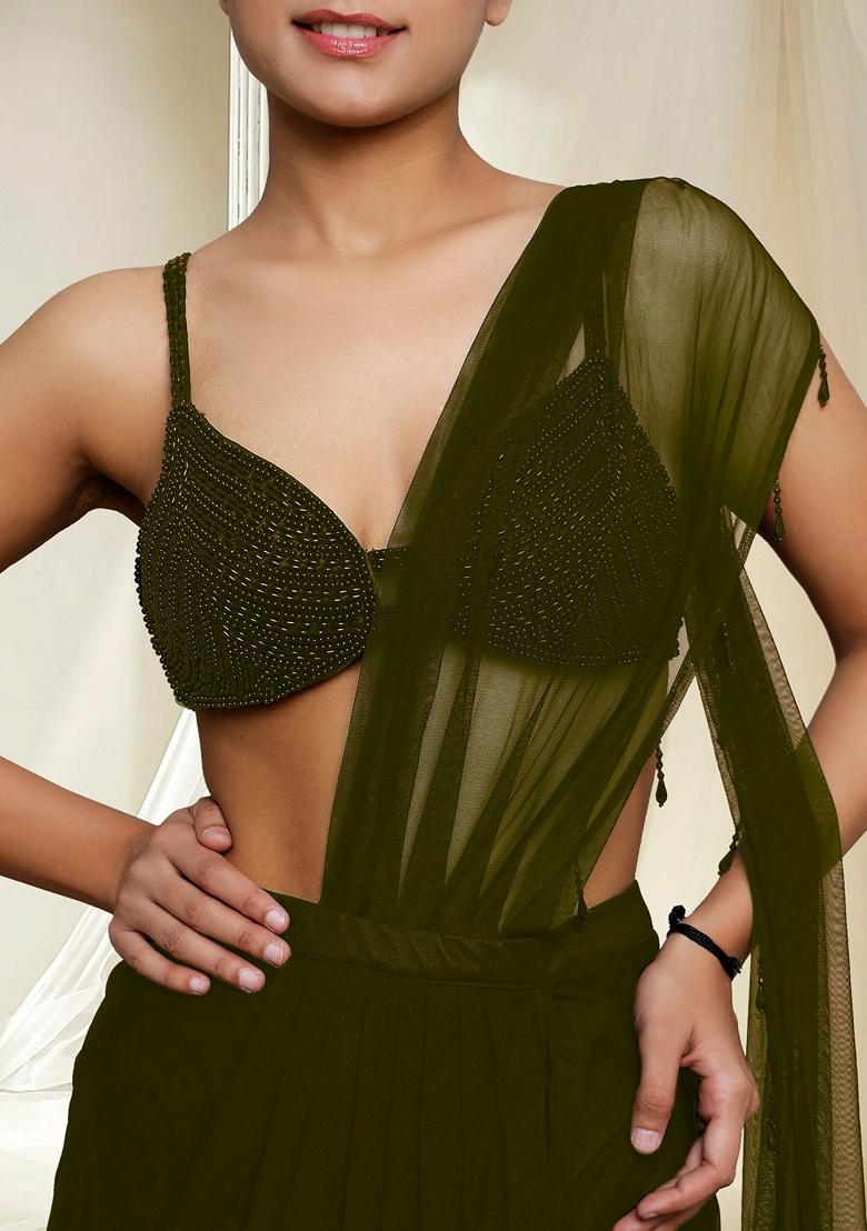 Olive Green Hand Embroidered Pre-Stitched Saree Set With Blouse