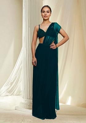 Teal Hand Embroidered Pre-Stitched Saree Set With Blouse