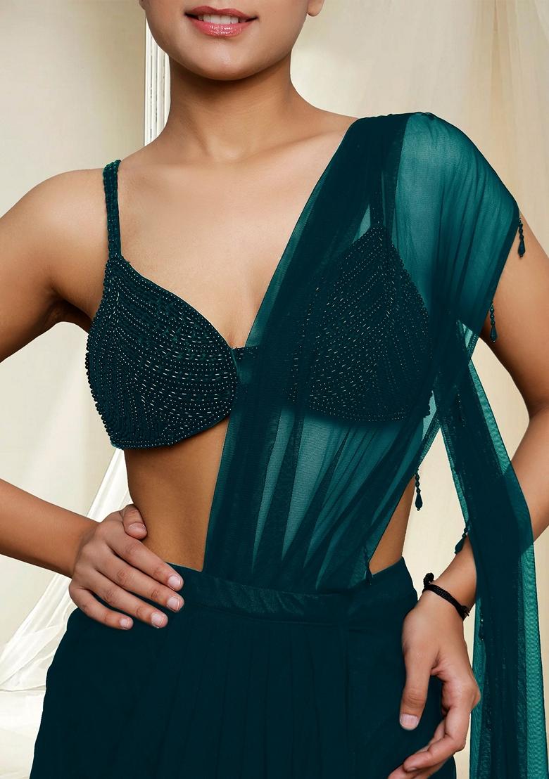 Teal Hand Embroidered Pre-Stitched Saree Set With Blouse