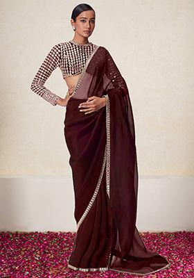 Wine Pre-Stitched Saree Set With Hand Embroidered Blouse
