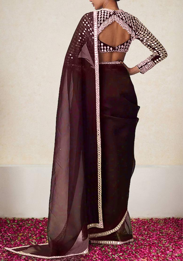 Wine Pre-Stitched Saree Set With Hand Embroidered Blouse