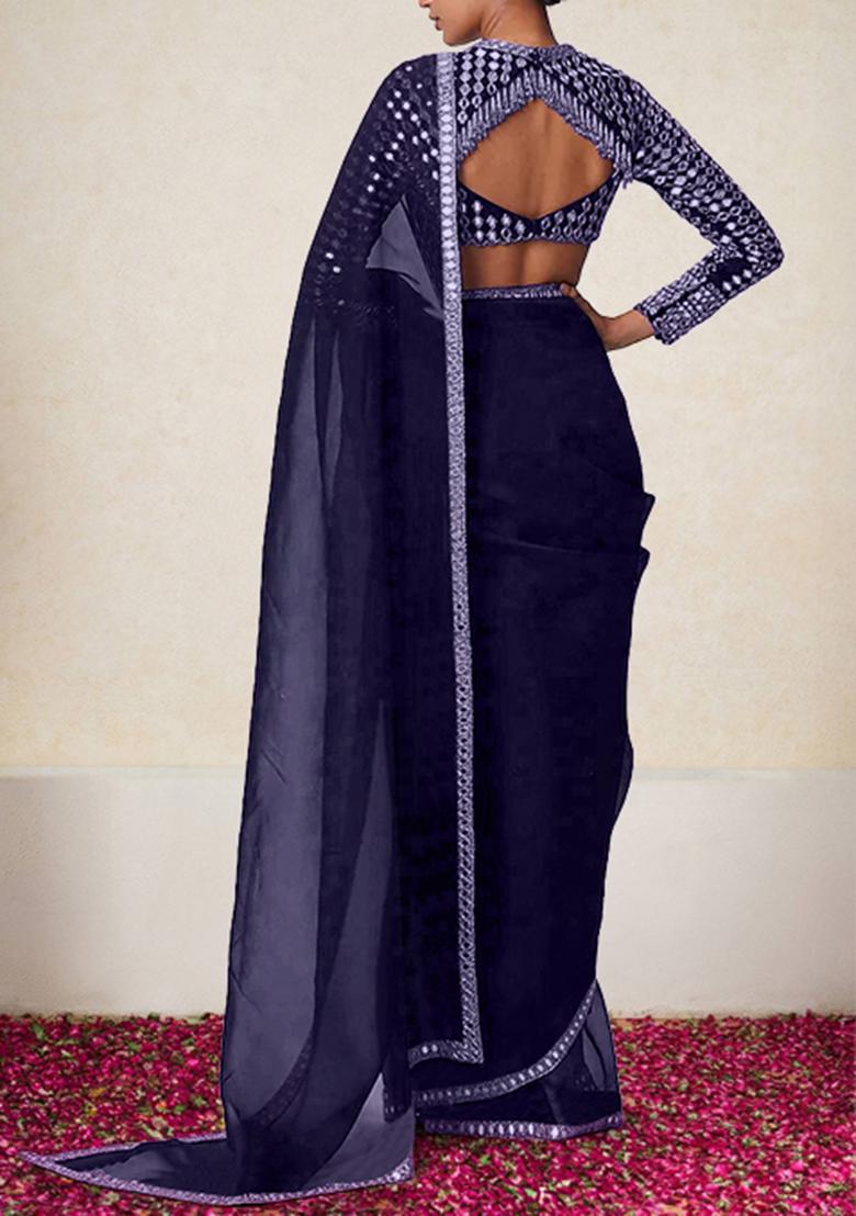 Blue Pre-Stitched Saree Set With Hand Embroidered Blouse