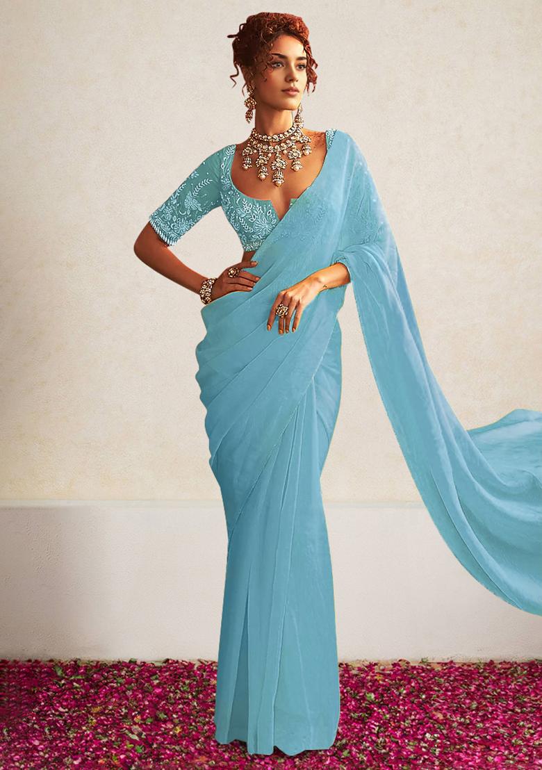 Blue Pre-Stitched Saree Set With Hand Embroidered Blouse