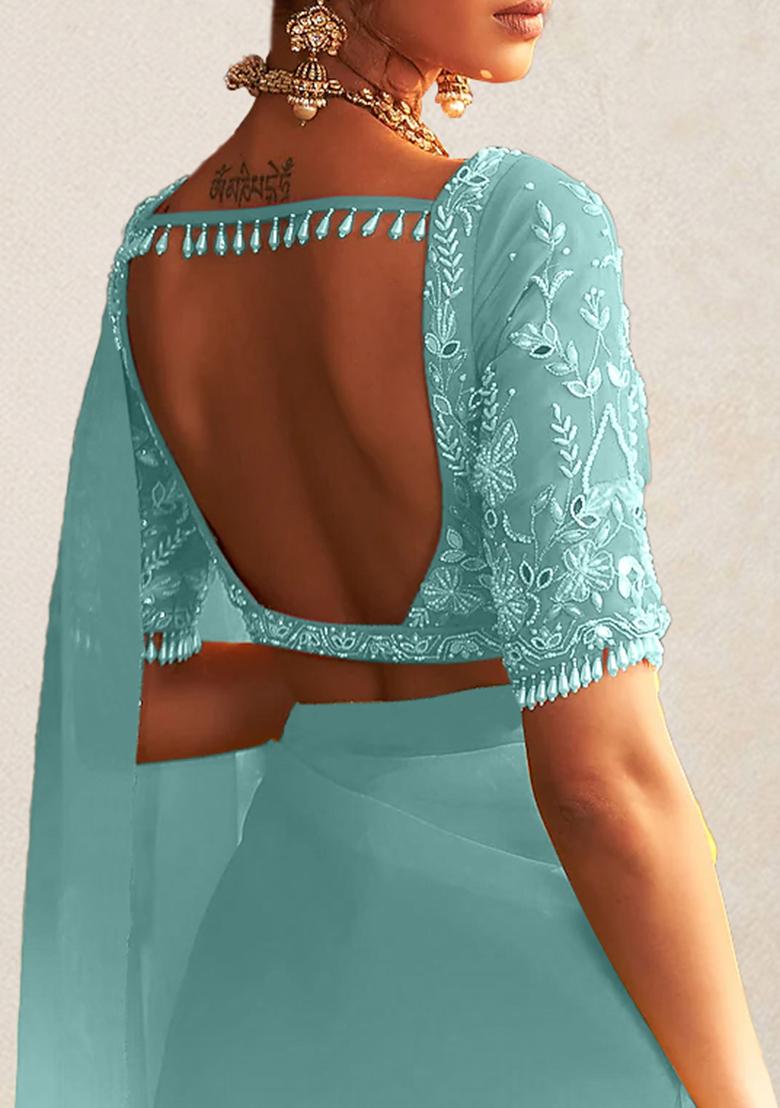 Blue Pre-Stitched Saree Set With Hand Embroidered Blouse