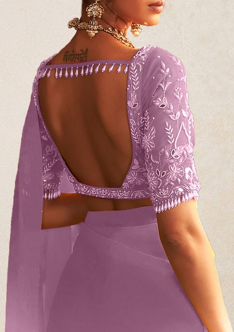 Pink Pre-Stitched Saree Set With Hand Embroidered Blouse