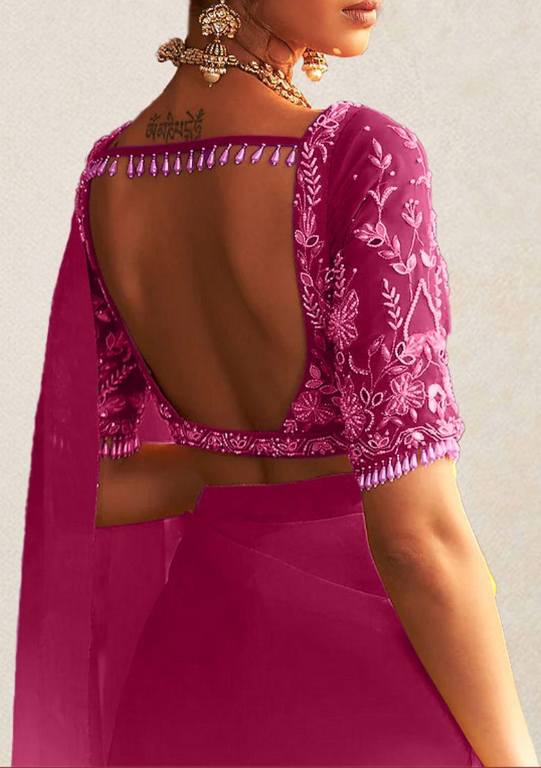 Pink Pre-Stitched Saree Set With Hand Embroidered Blouse