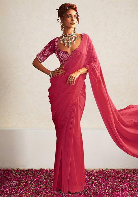 Pink Pre-Stitched Saree Set With Hand Embroidered Blouse