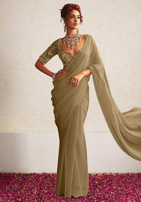 Brown Pre-Stitched Saree Set With Hand Embroidered Blouse