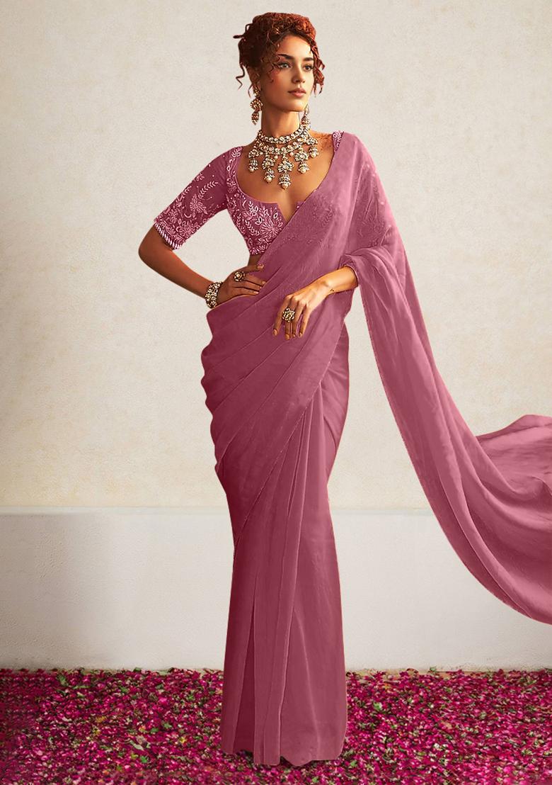 Peach Pre-Stitched Saree Set With Hand Embroidered Blouse