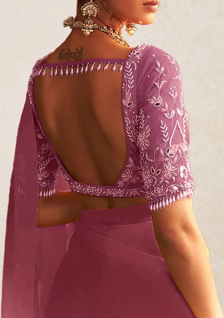 Peach Pre-Stitched Saree Set With Hand Embroidered Blouse