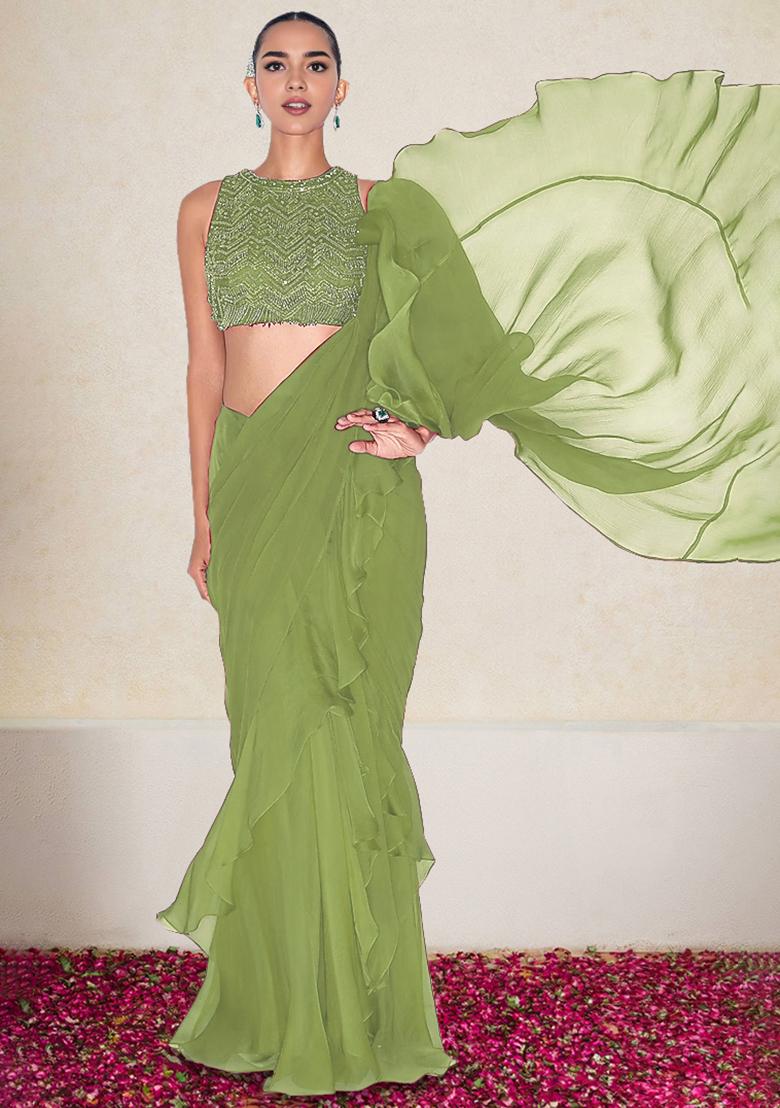 Green Pre-Stitched Saree Set With Hand Embroidered Blouse