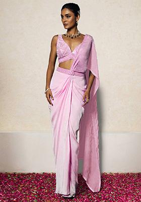 Pink Pre-Stitched Saree Set With Hand Embroidered Blouse