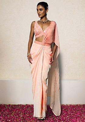 Peach Pre-Stitched Saree Set With Hand Embroidered Blouse