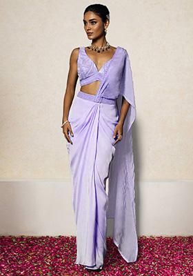 Purple Pre-Stitched Saree Set With Hand Embroidered Blouse