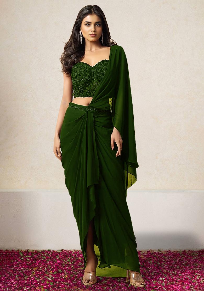 Green Pre-Stitched Saree Set With Hand Embroidered Blouse