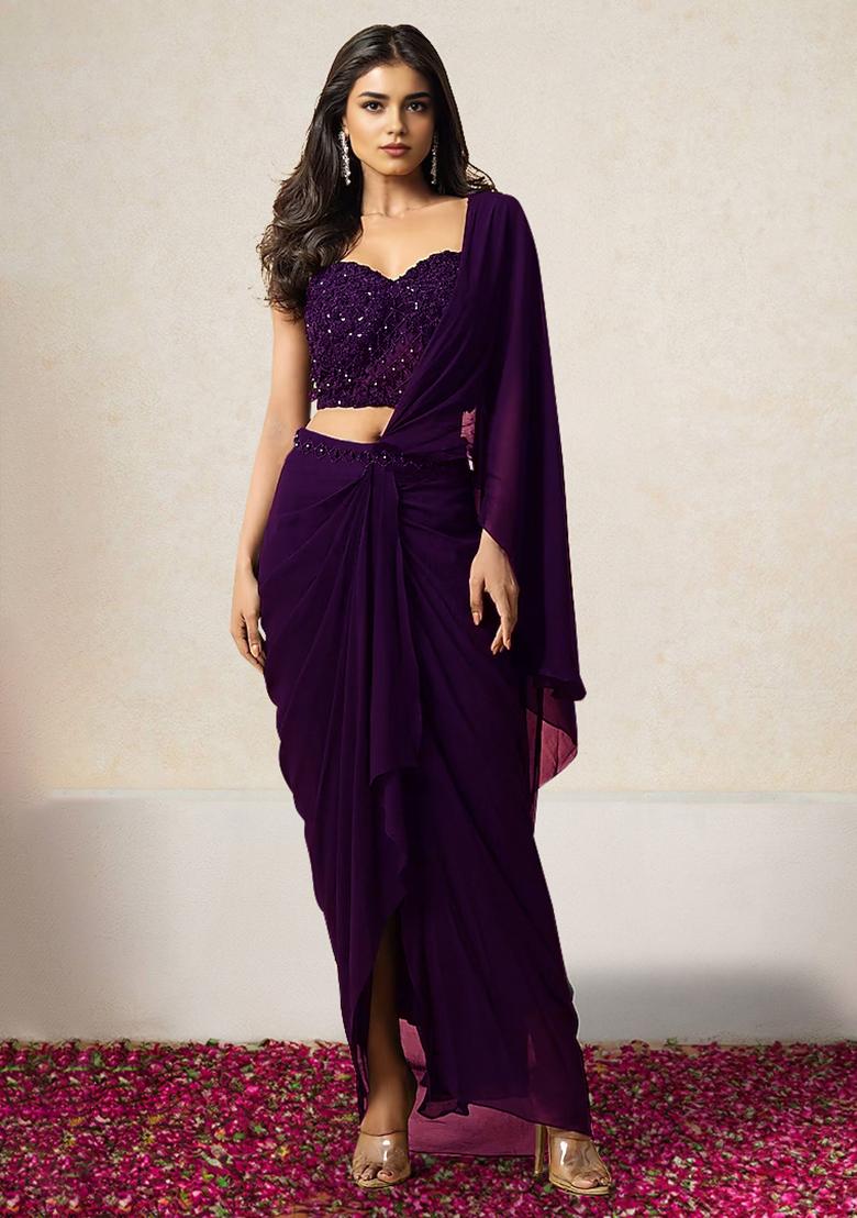 Purple Pre-Stitched Saree Set With Hand Embroidered Blouse