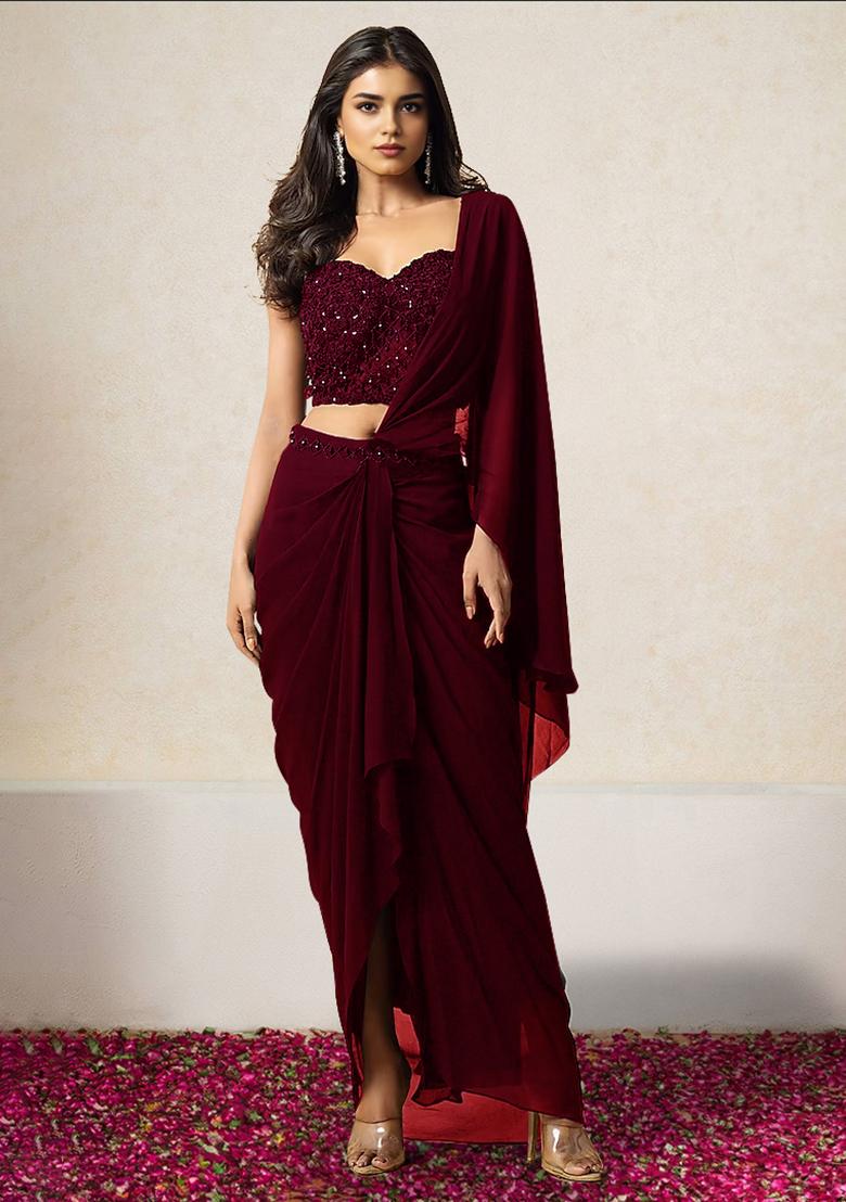 Maroon Pre-Stitched Saree Set With Hand Embroidered Blouse