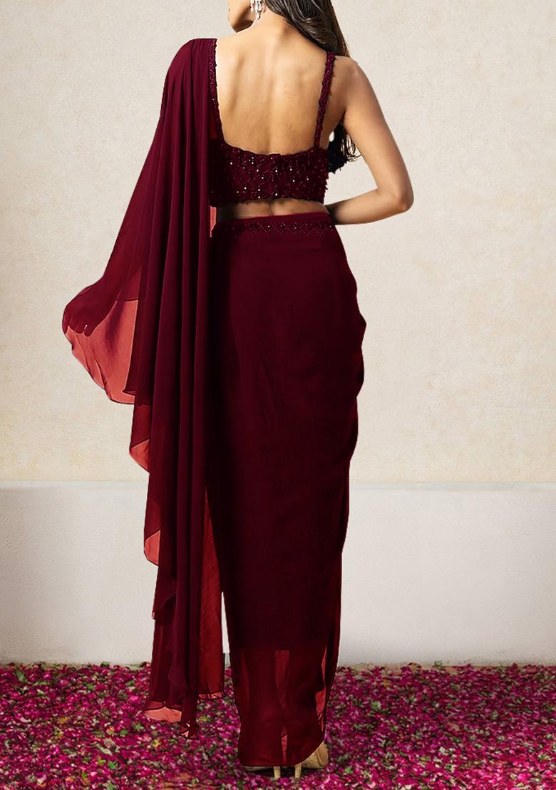 Maroon Pre-Stitched Saree Set With Hand Embroidered Blouse