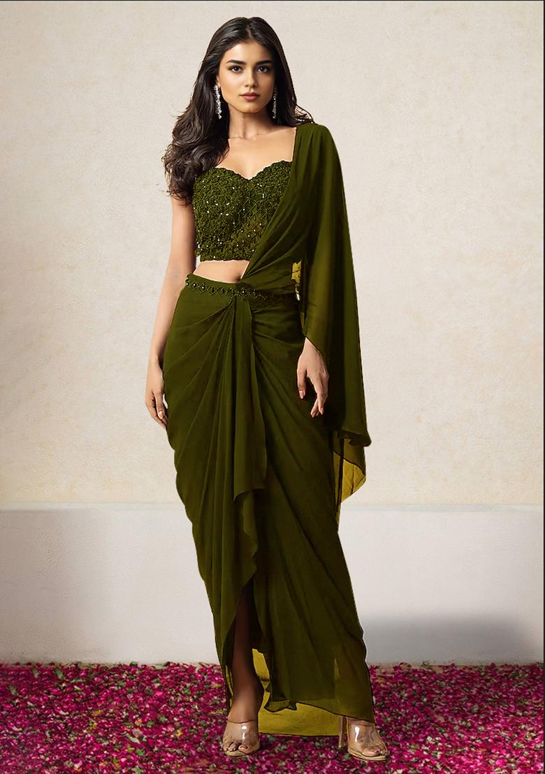 Olive Pre-Stitched Saree Set With Hand Embroidered Blouse