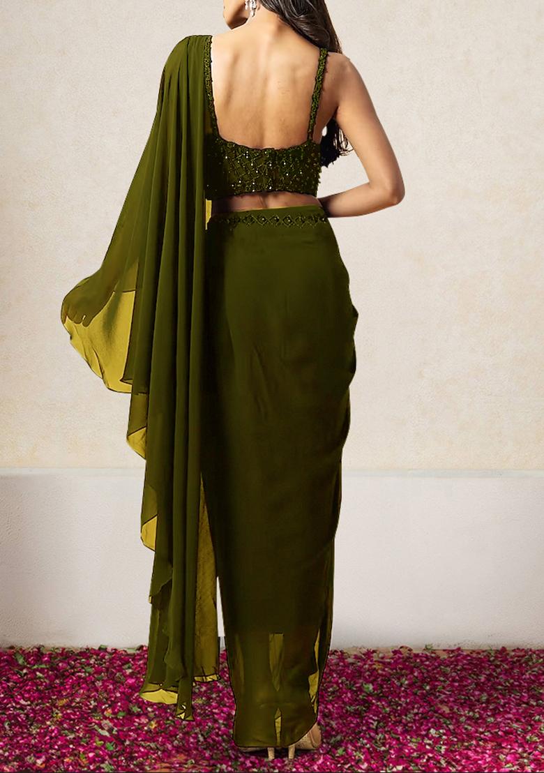 Olive Pre-Stitched Saree Set With Hand Embroidered Blouse
