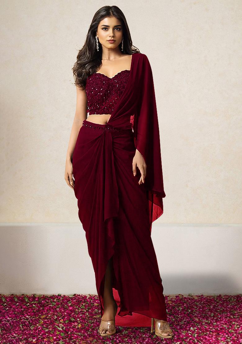 Red Pre-Stitched Saree Set With Hand Embroidered Blouse