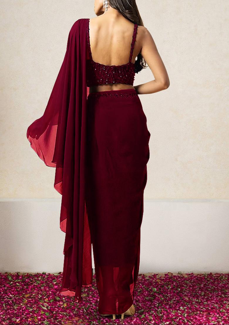 Red Pre-Stitched Saree Set With Hand Embroidered Blouse