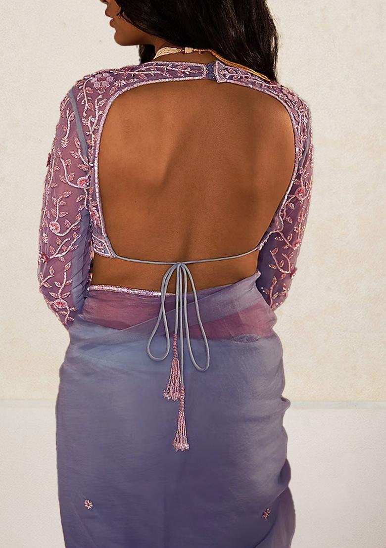 Lavender Pre-Stitched Saree Set With Hand Embroidered Blouse