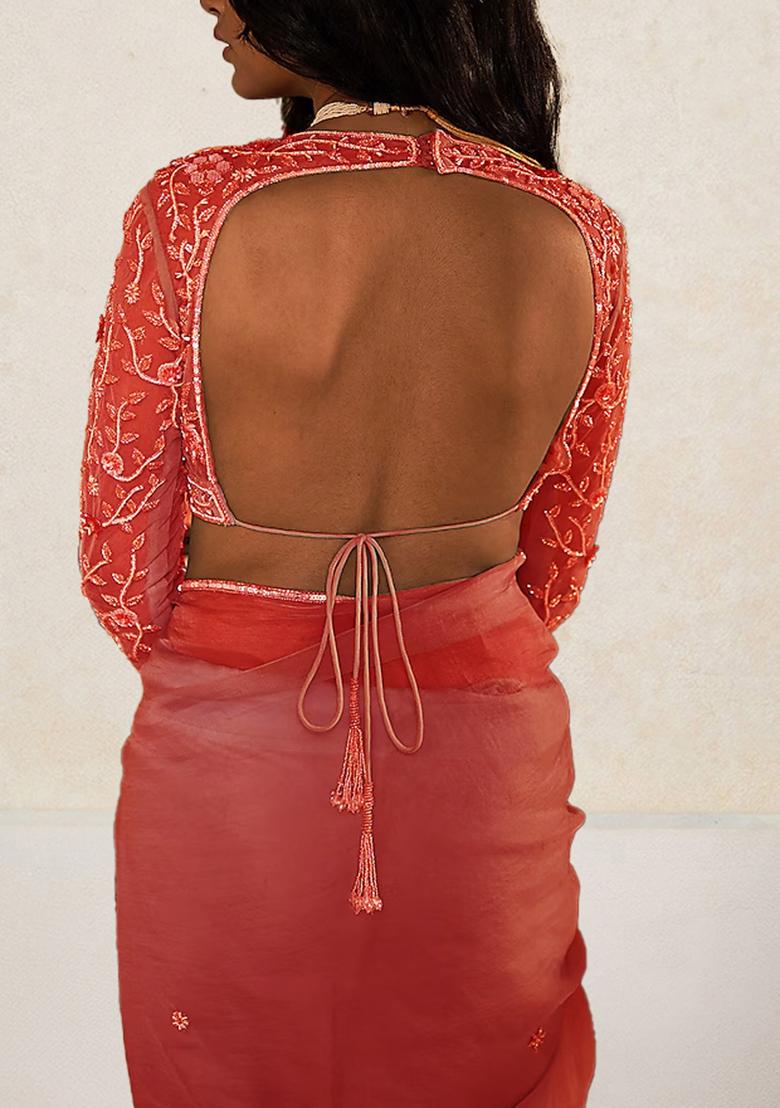 Peach Pre-Stitched Saree Set With Hand Embroidered Blouse