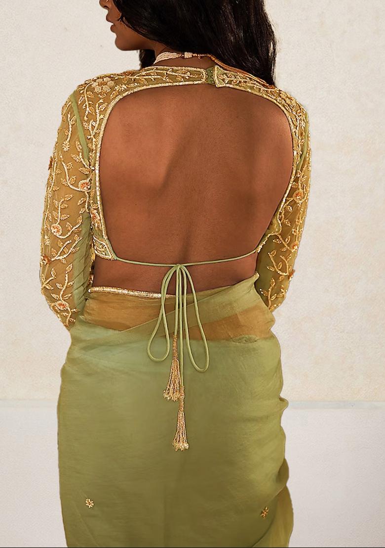 Olive Pre-Stitched Saree Set With Hand Embroidered Blouse