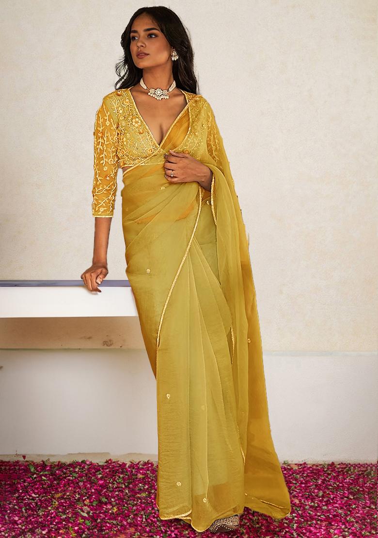 Yellow Pre-Stitched Saree Set With Hand Embroidered Blouse