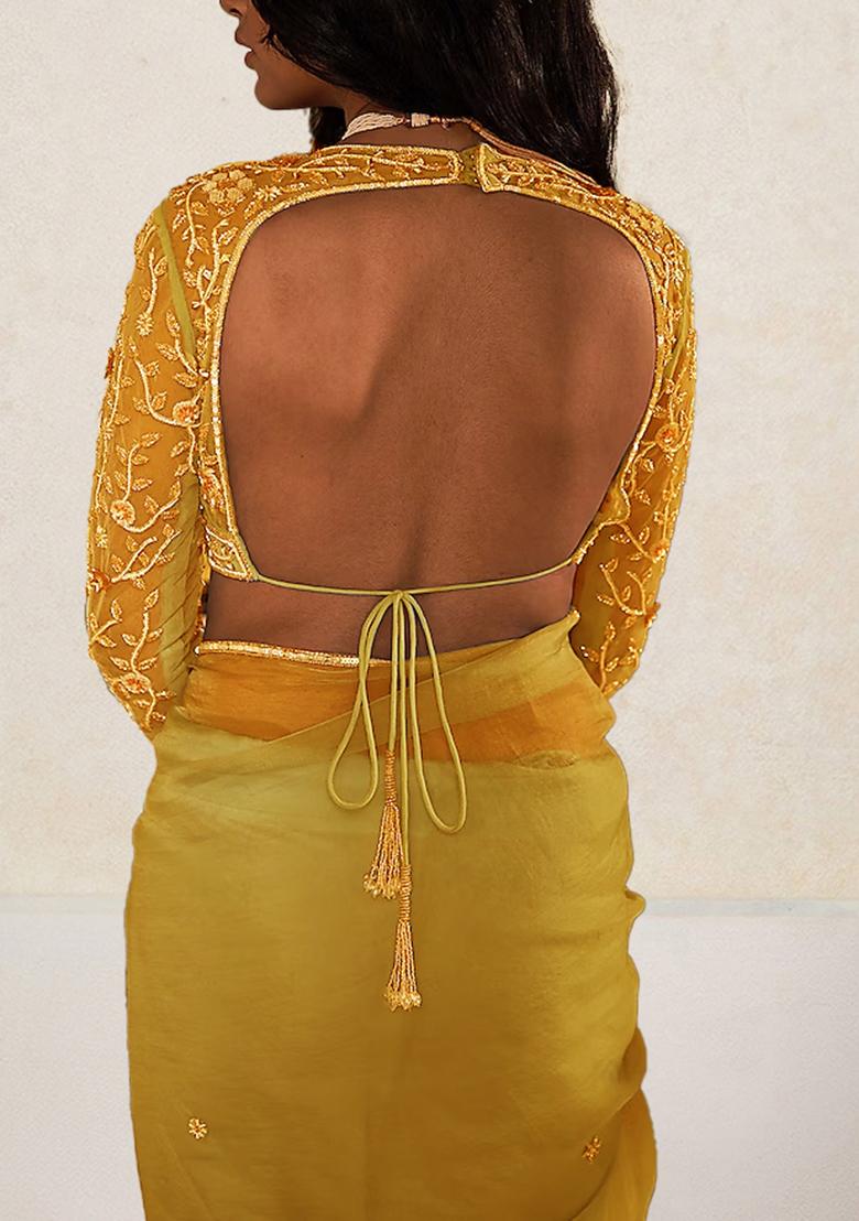 Yellow Pre-Stitched Saree Set With Hand Embroidered Blouse
